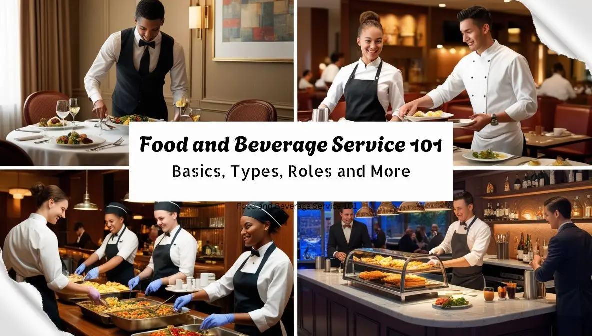 An image showcasing different food and beverage service operations, including a formal dining restaurant, casual café, buffet, and bar setup, with the title 'Food & Beverage Service 101' in the center.