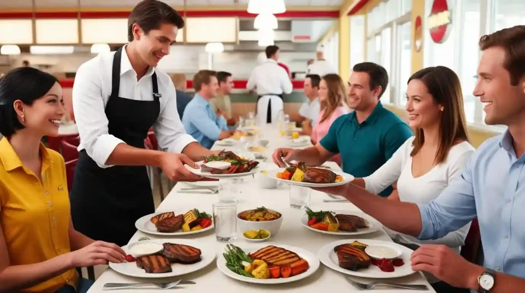 A waiter serving pre-plated meals directly to guests seated at a dining table.