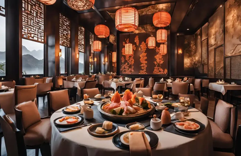 Asian-themed specialty restaurant with sushi and dim sum on elegant table settings.