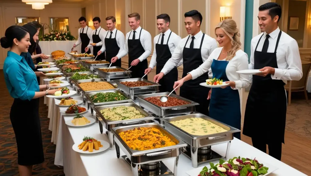 Guests serving themselves at a buffet counter with waitstaff standing behind for assistance.