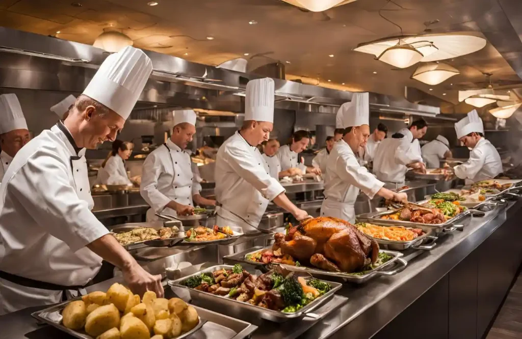 Carvery station with chefs carving meats and diners filling plates at a buffet.