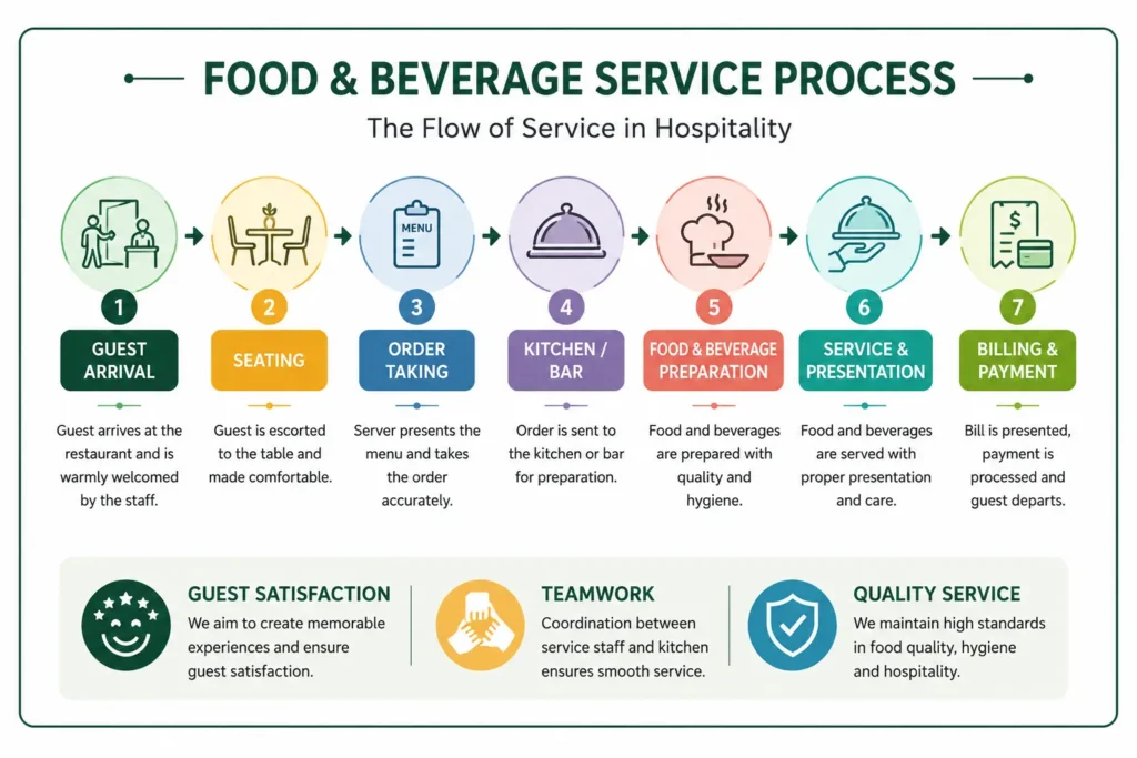 Food and beverage service process infographic showing guest arrival, seating, order taking, kitchen and bar coordination, food preparation, service presentation, and billing in hospitality operations.