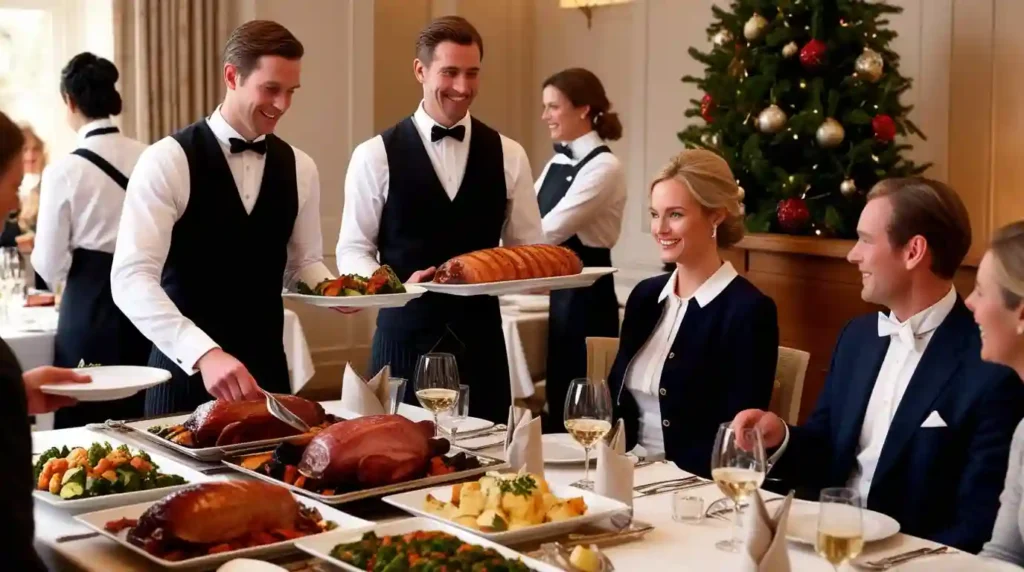 Guests seated at a dining table enjoying a meal served family-style, with food presented on large platters for self-service or served by the host.