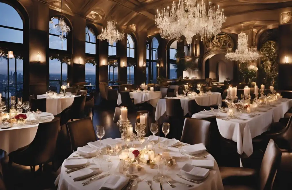 Upscale fine dining restaurant with chandeliers and gourmet dishes.