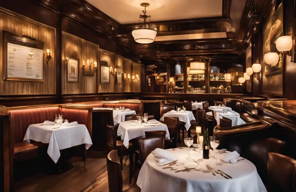  French brasserie with white tablecloths, steak, fries, and traditional waitstaff.