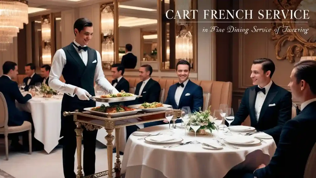 A formal dining setup with pre-plated meals served to guests by staff from the left side for french cart service