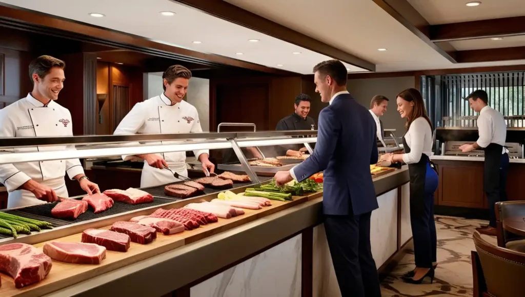 A guest selecting raw meat from a display as a chef prepares to grill it in a high-end restaurant.