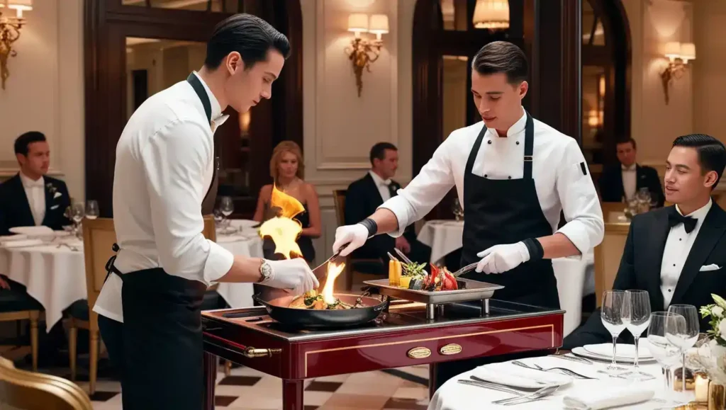 A fine dining restaurant scene with a waiter using a Gueridon trolley to finish and serve a flambé dish tableside, enhancing the guest experience.