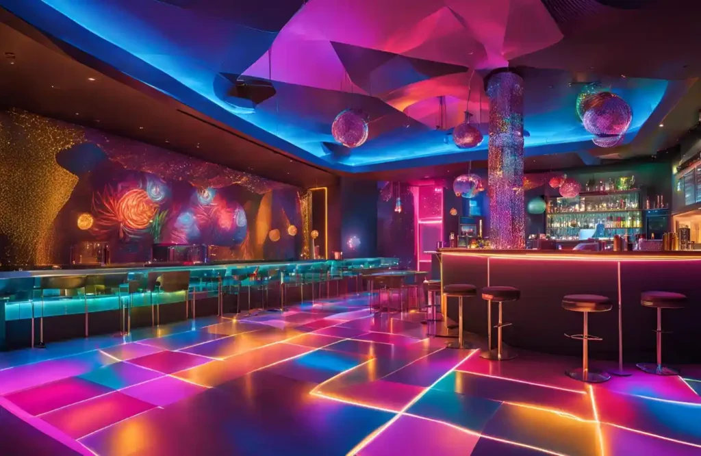 Discotheque with colorful lighting, a busy dance floor, and casual seating.