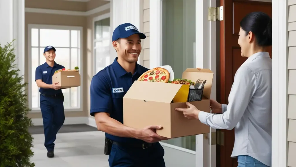 A delivery rider handing over a food package to a customer at their home doorstep.