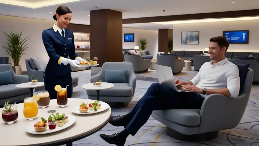 Guests enjoying beverages in a relaxed airport lounge with a server delivering drinks to their tables.