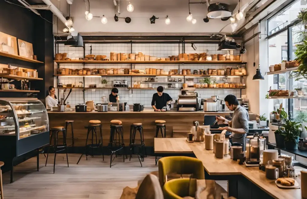 Modern coffee shop with barista making espresso and customers enjoying coffee.