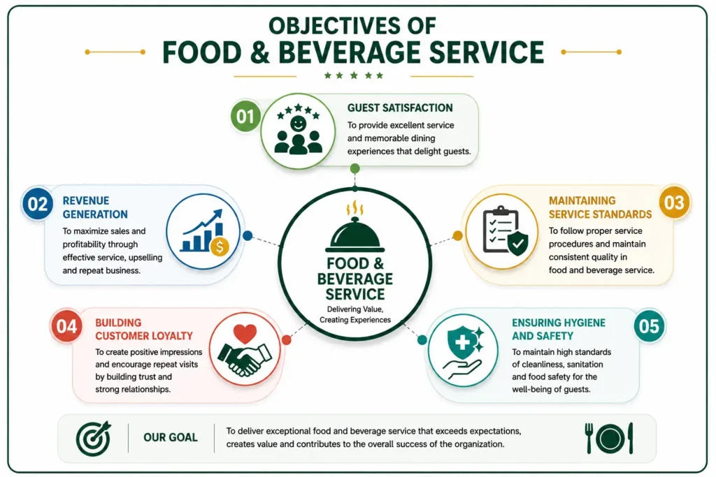 Objectives of food and beverage service infographic showing guest satisfaction, revenue generation, service standards, customer loyalty, and hygiene and safety in hospitality operations.