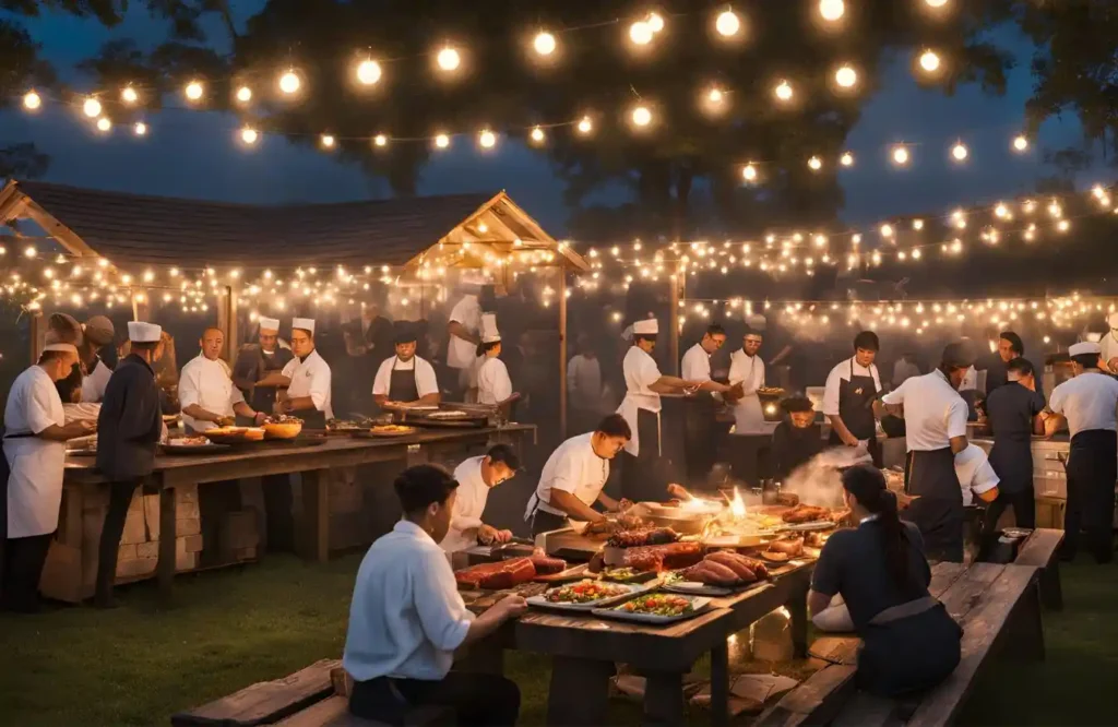 Outdoor barbecue restaurant with chefs preparing grilled skewers under string lights.