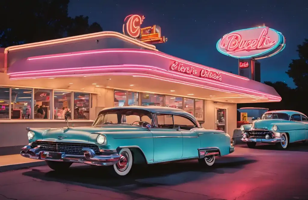 Retro-style drive-in with cars under a canopy and servers delivering burgers.