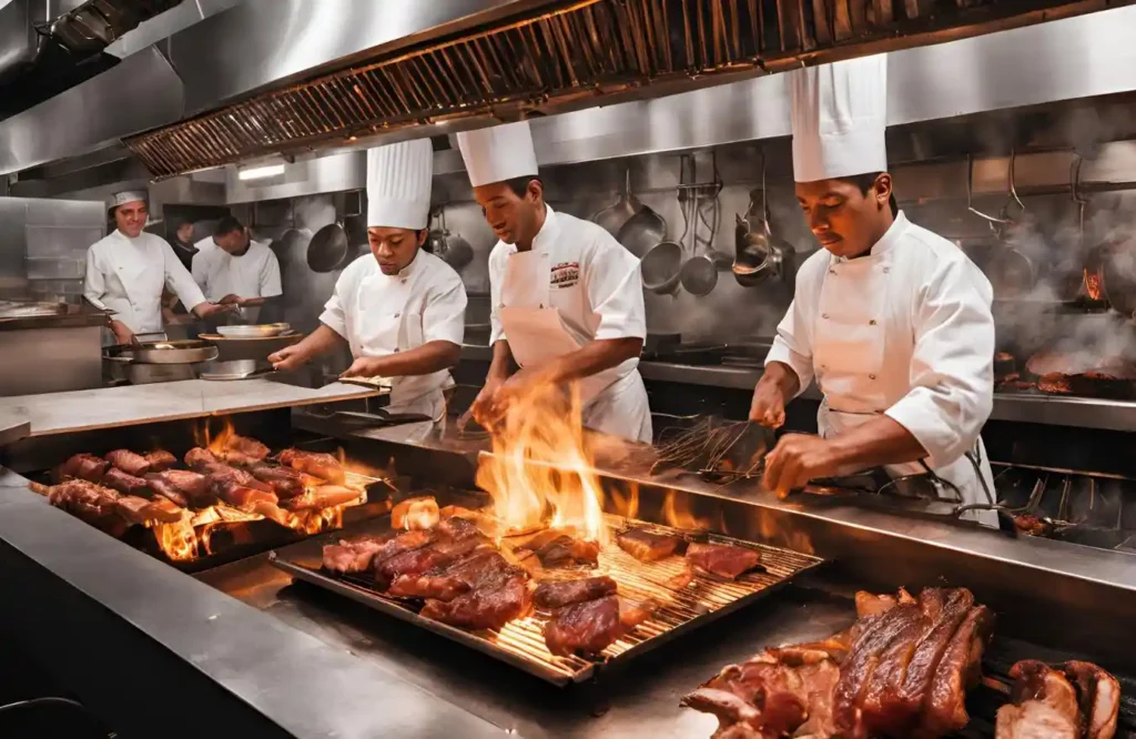  Rotisserie kitchen with chefs roasting meats and flames visible.