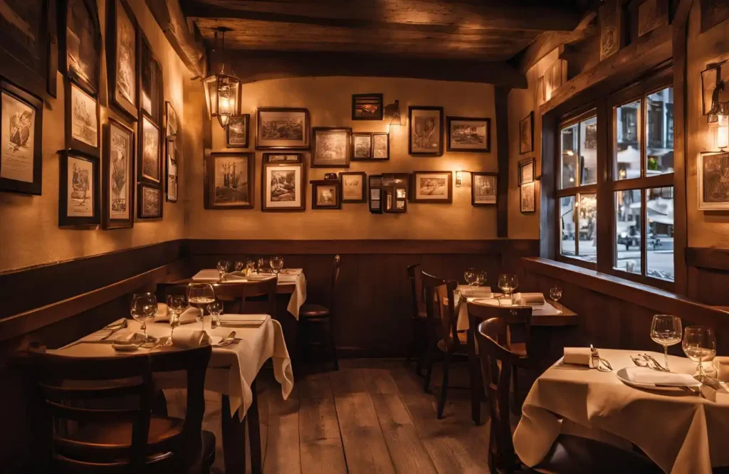 Cozy bistro with wooden furniture, wine glasses, and braised meats