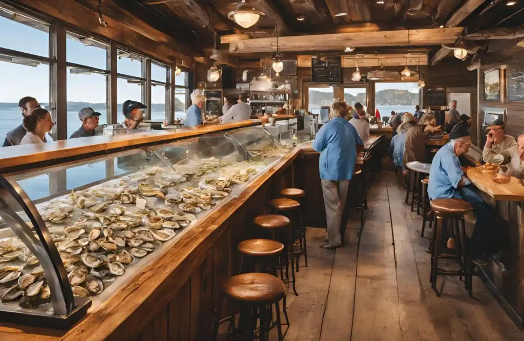 Seaside oyster bar with fresh oysters displayed on ice and customers enjoying seafood.