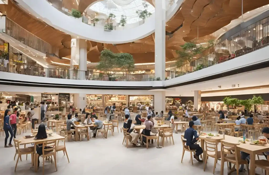 Food court with various cuisine stalls and communal tables