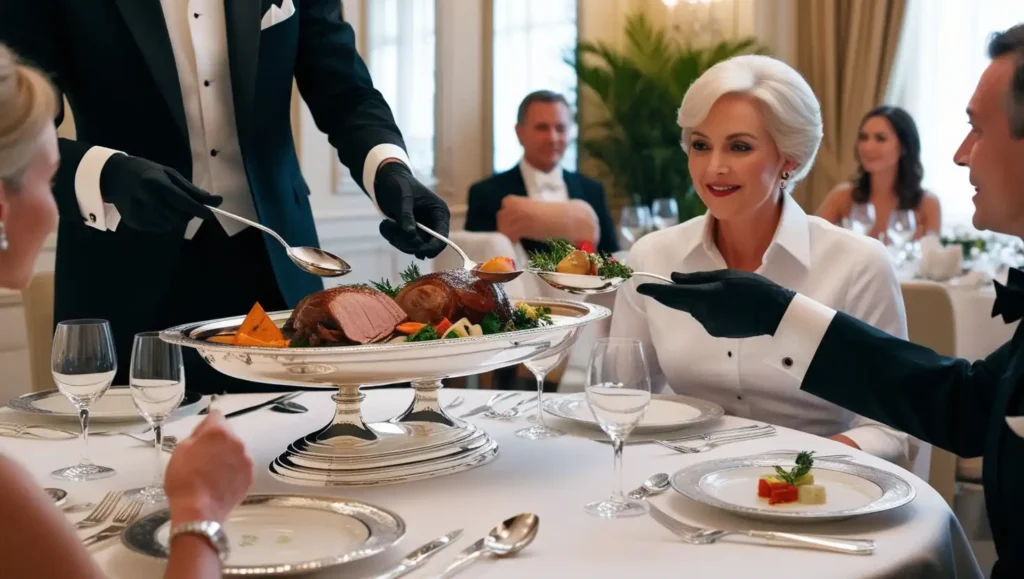 Formal dining setting with a waiter serving food from a silver platter using serving spoons and forks.