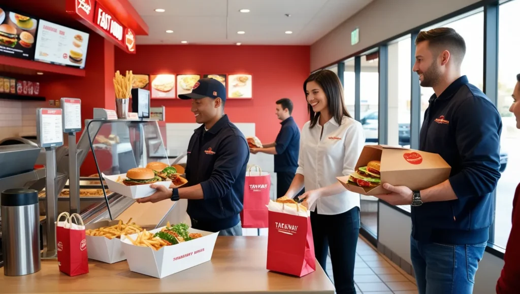 A delivery rider picking up a packaged takeaway order from a fast-food counter for off-premises dining