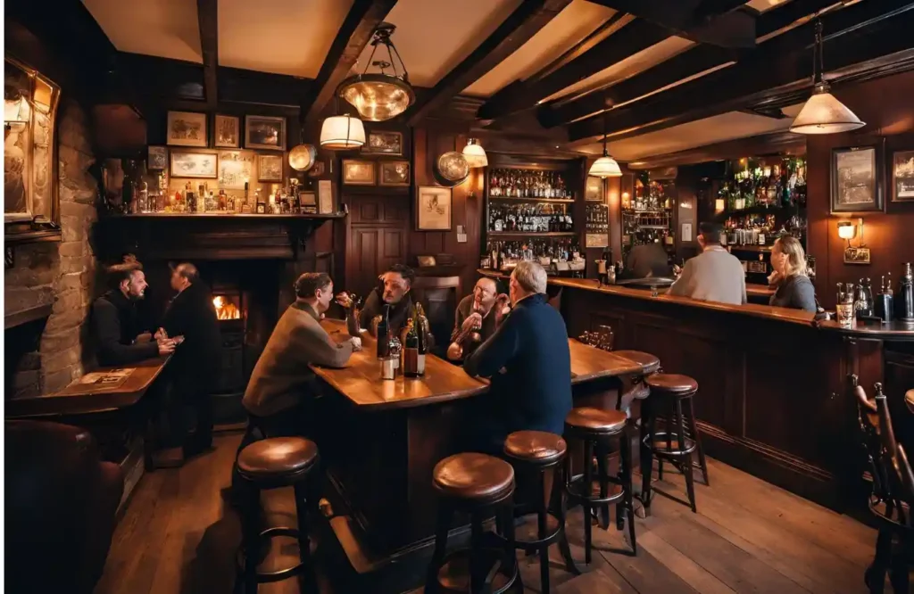 Traditional British pub with wooden interiors, draft beer, and a cozy fireplace