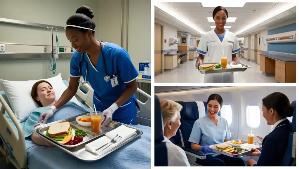 Tray service meal served to a patient in a hospital, focusing on functionality and portability.