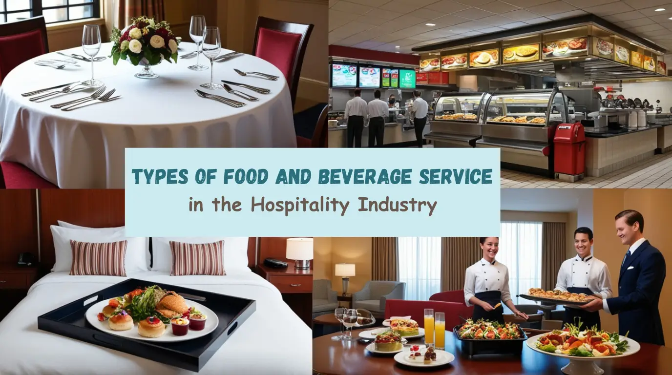 Realistic feature image illustrating types of food and beverage service in the hospitality industry, showing table service, self-service, special service, and assisted service.