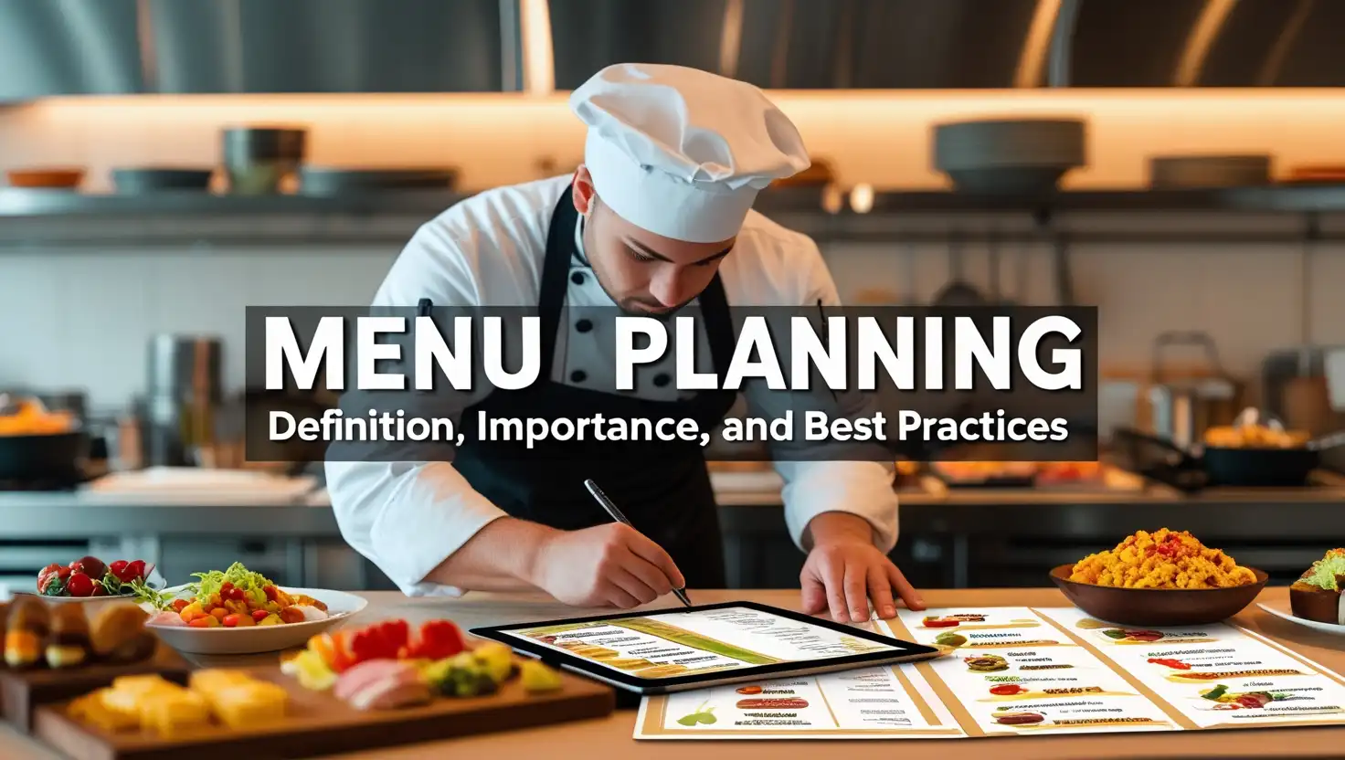 Professional chef reviewing a menu on a tablet in a modern kitchen, featuring colorful appetizers, main courses, and desserts, with text "Menu Planning: Definition, Importance, and Best Practices