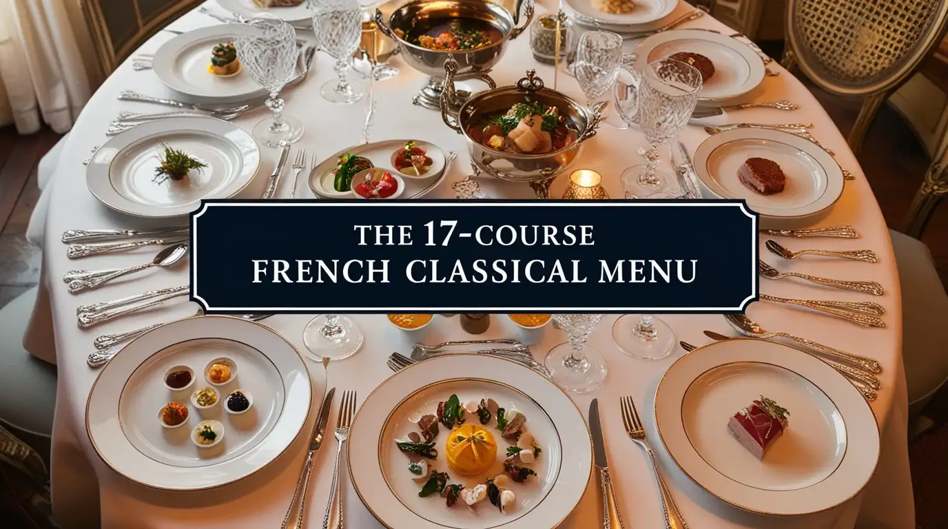 Featured image of a 17-course French Classical Menu showcasing appetizers, soups, main dishes, and desserts in an elegant French dining setup.