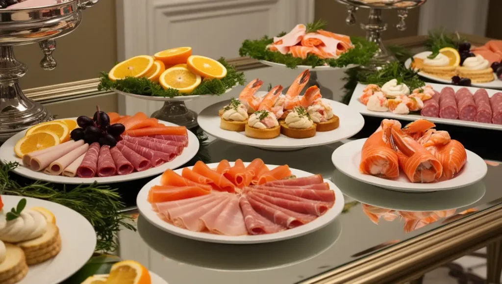 A cold buffet featuring , cured meats, and pâtés arranged on a decorative platter