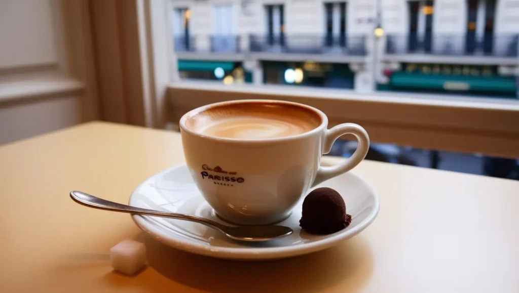 "A cup of rich espresso served with a delicate almond biscotti.