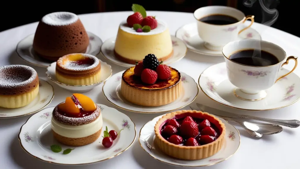 A slice of chocolate mousse cake garnished with edible gold and a raspberry coulis drizzle.