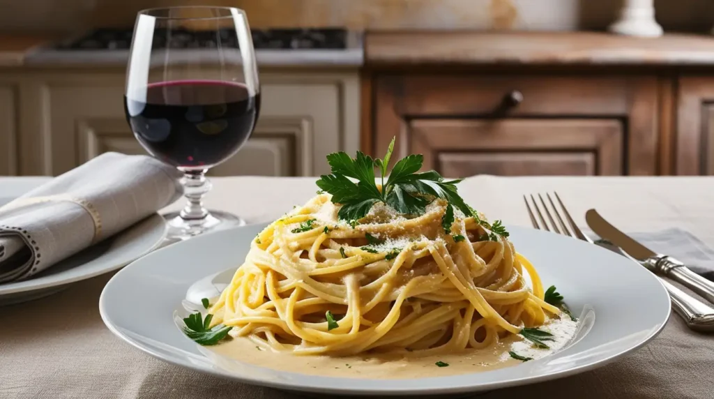 A plate of creamy mushroom fettuccine topped with freshly grated Parmesan cheese.