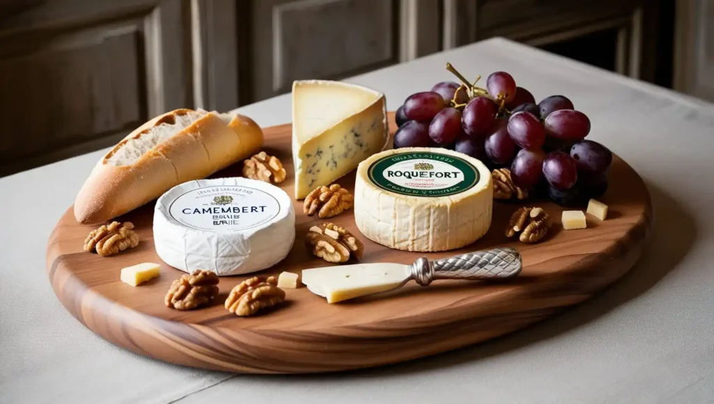 A cheese platter featuring Brie, Camembert, and Gruyère, paired with grapes and crackers.