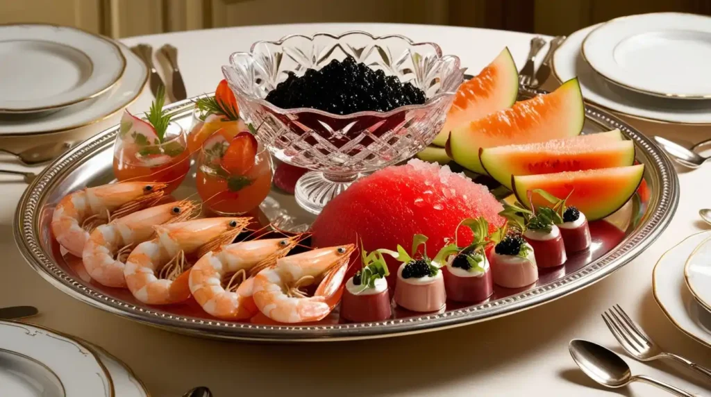 A platter of bite-sized appetizers, including caviar on crackers, stuffed olives, and delicate canapés, perfect for the hors d’oeuvre course.