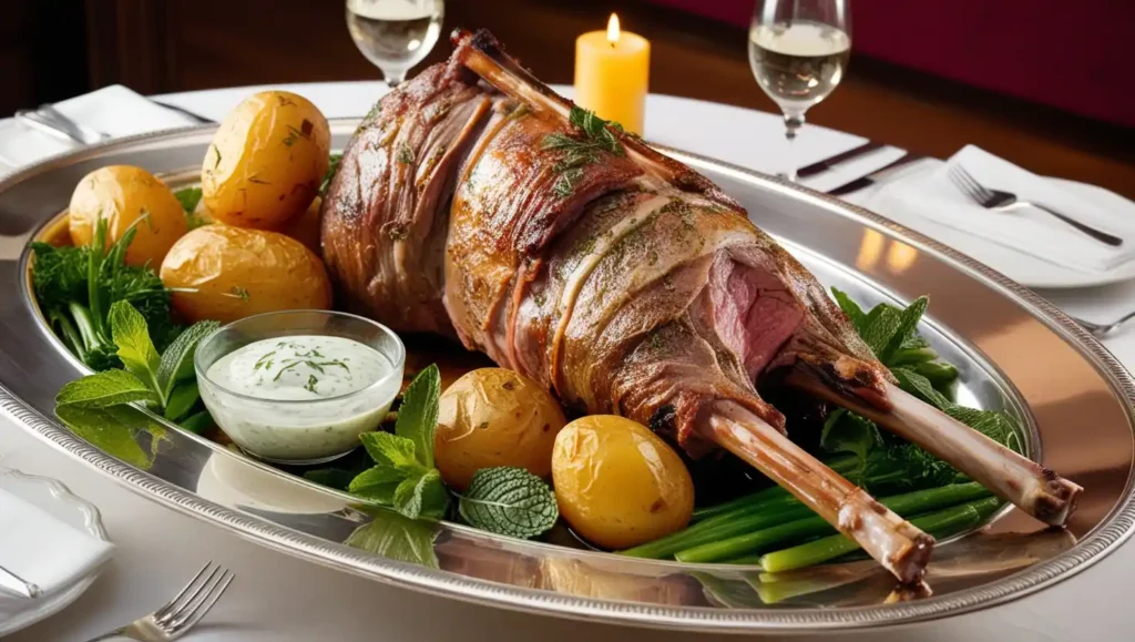 Tender lamb chops glazed with red wine sauce, served alongside roasted vegetables.