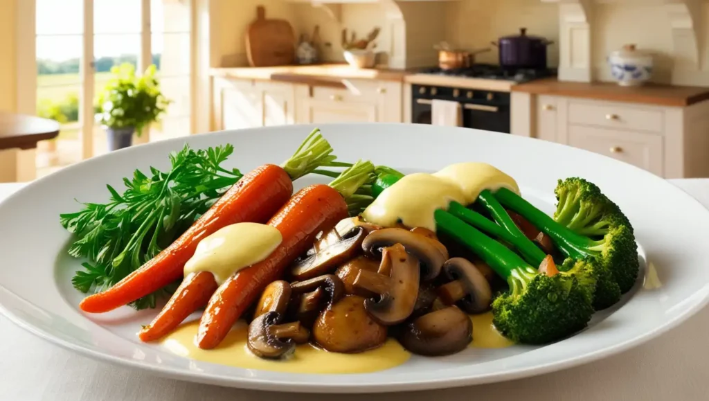 An artistic arrangement of roasted broccoli, mushroom, and carrots drizzled with olive oil.