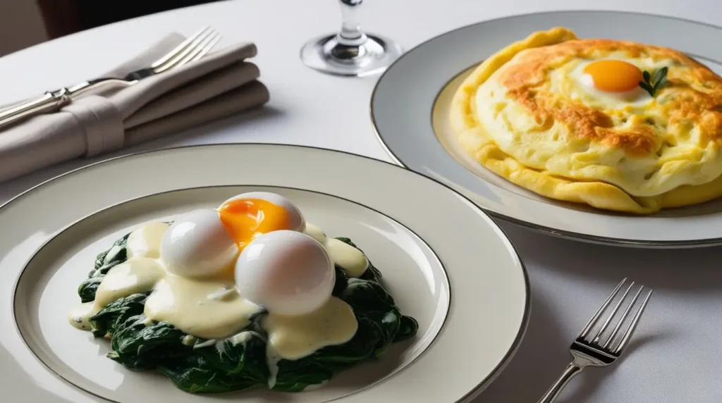 A perfectly poached egg served on a bed of sautéed spinach with hollandaise sauce.