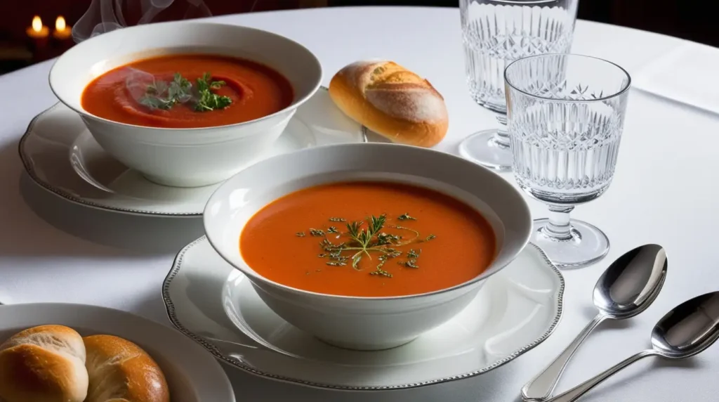 A steaming bowl of creamy pumpkin soup, garnished with a drizzle of cream and fresh herbs.