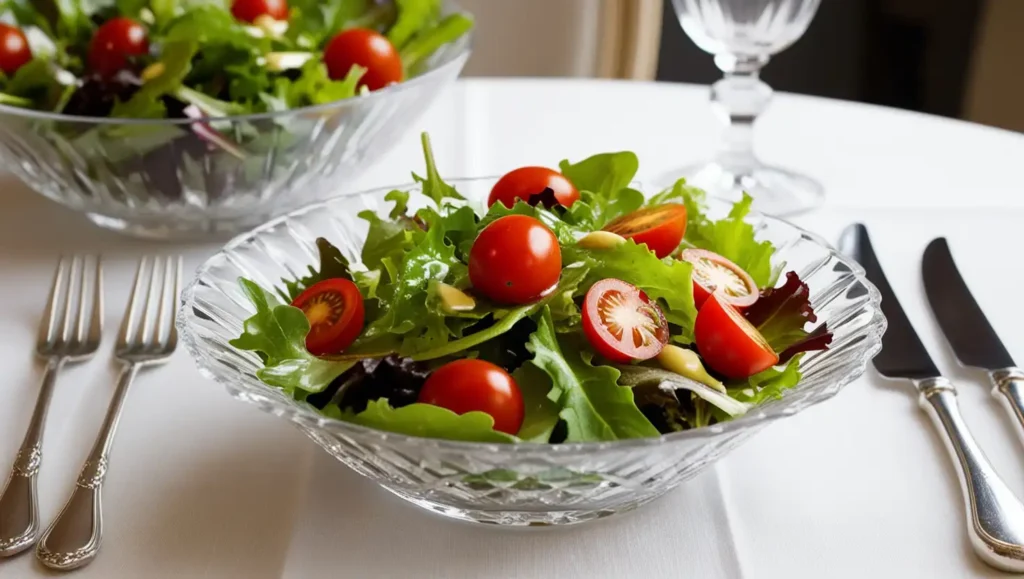 A fresh garden salad with mixed greens, cherry tomatoes, and a light vinaigrette dressing.