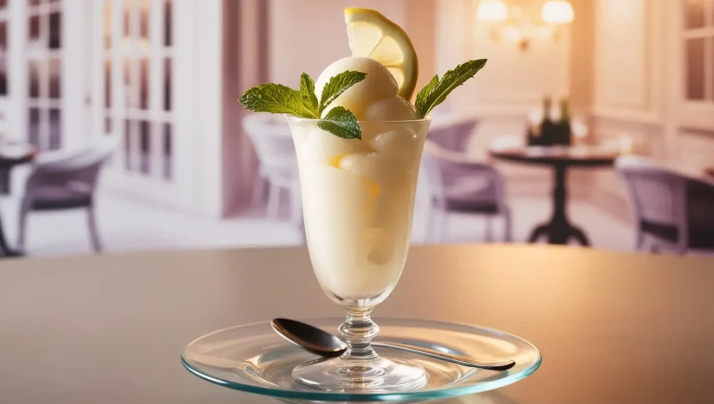 A scoop of tangy sorbet served in a chilled  glass with mint garnish.