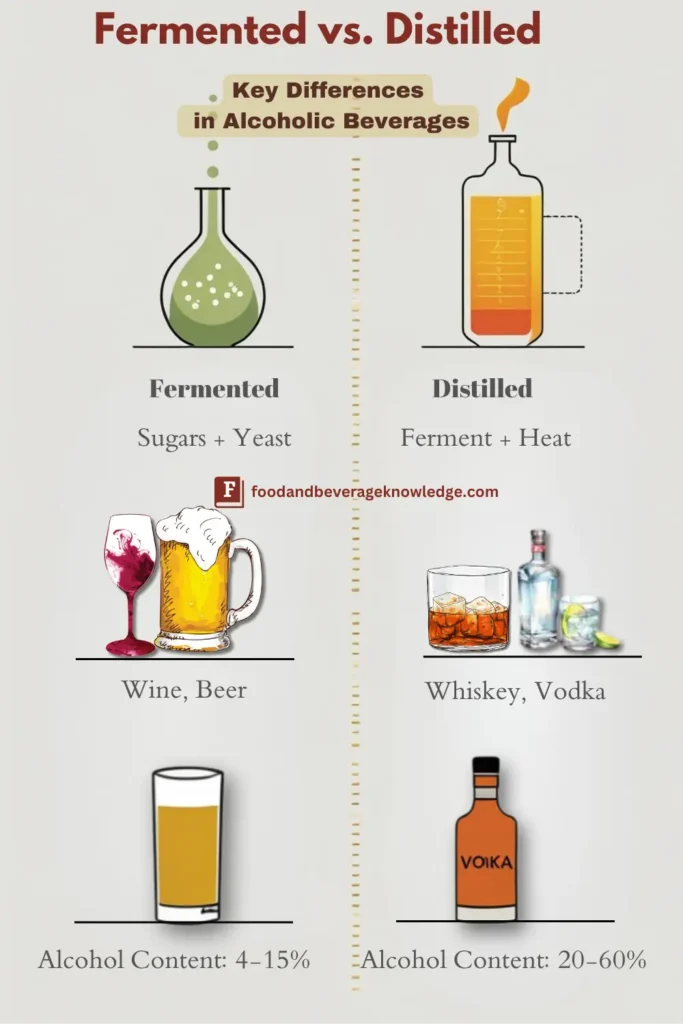 Infographic comparing fermented alcoholic beverages (wine, beer) and distilled alcoholic beverages (whiskey, vodka), highlighting their production process, alcohol content, and examples.