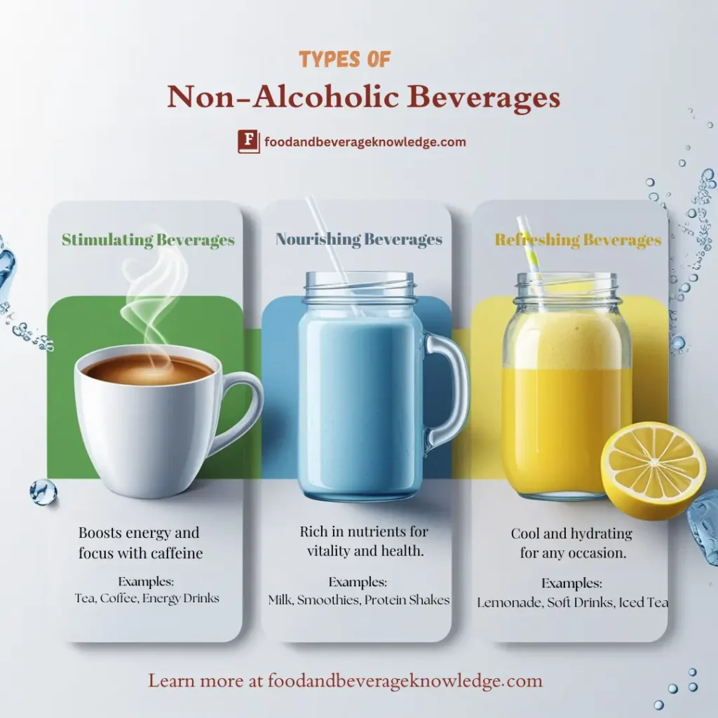 Infographic showing types of non-alcoholic beverages divided into three categories: Stimulating (tea, coffee, energy drinks), Nourishing (milk, smoothies, protein shakes), and Refreshing (lemonade, soft drinks, iced tea)