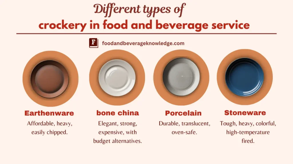 Infographic showing types of crockery: Earthenware, Bone China, Porcelain, and Stoneware with descriptions 