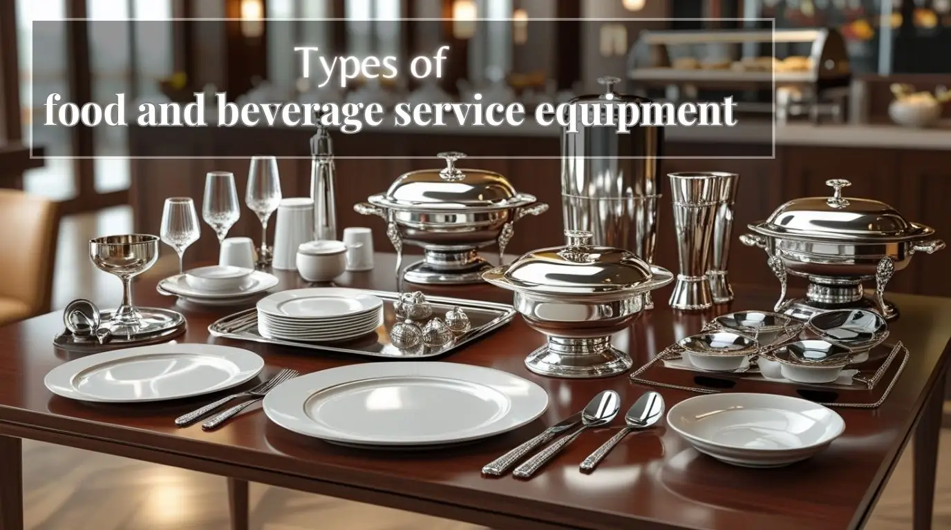 A realistic display of 9 types of food and beverage service equipment, including porcelain plates, crystal glassware, stainless steel cutlery, serving trays, tea sets, bar tools, and chafing dishes, arranged on a polished table.