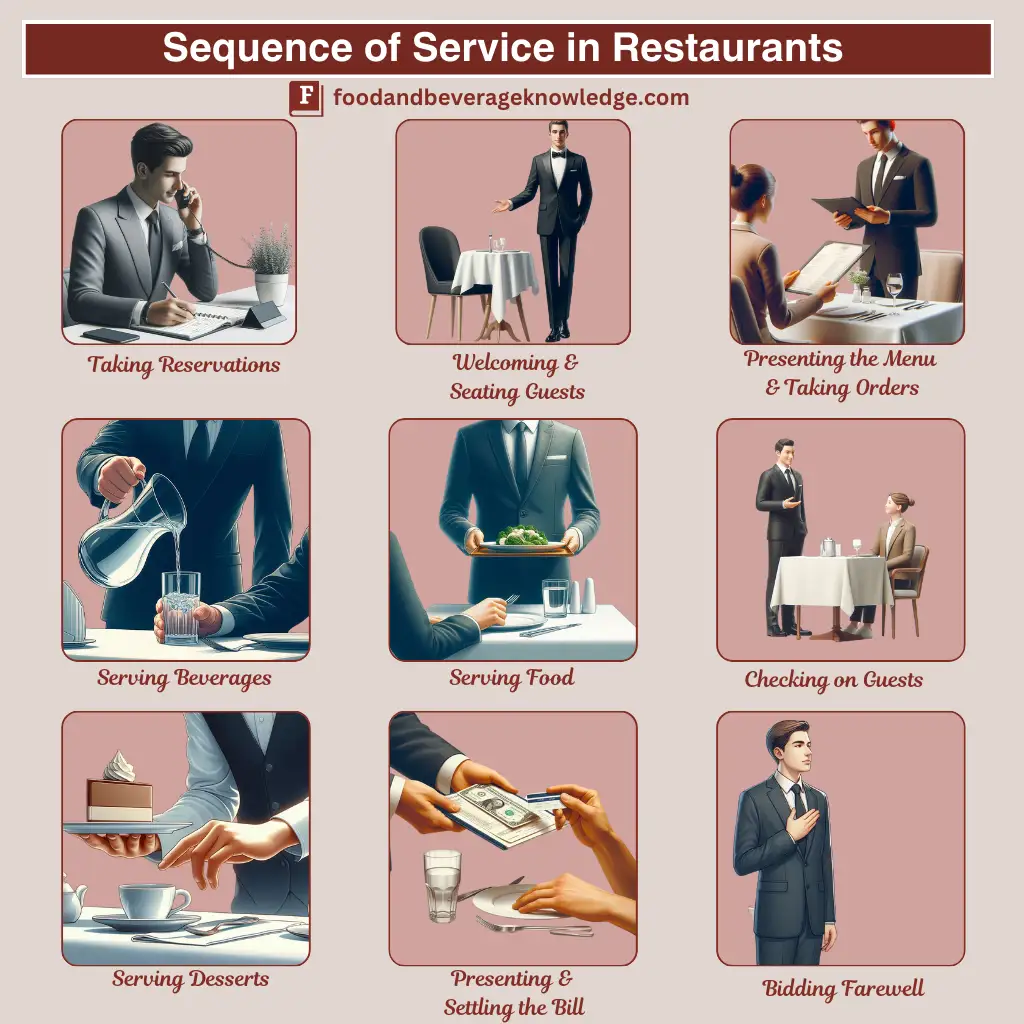 Step-by-step sequence of restaurant service, including reservation, seating, order taking, food service, and bill settlement.