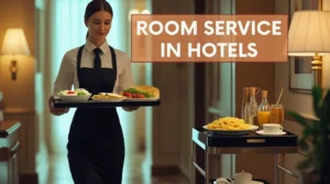 Hotel staff delivering room service on a trolley to a guest room with the title 'Room Service in Hotels.'"