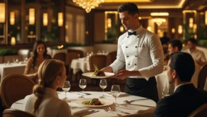 Professional waiter in a fine-dining restaurant serving guests, following the sequence of service in restaurants.