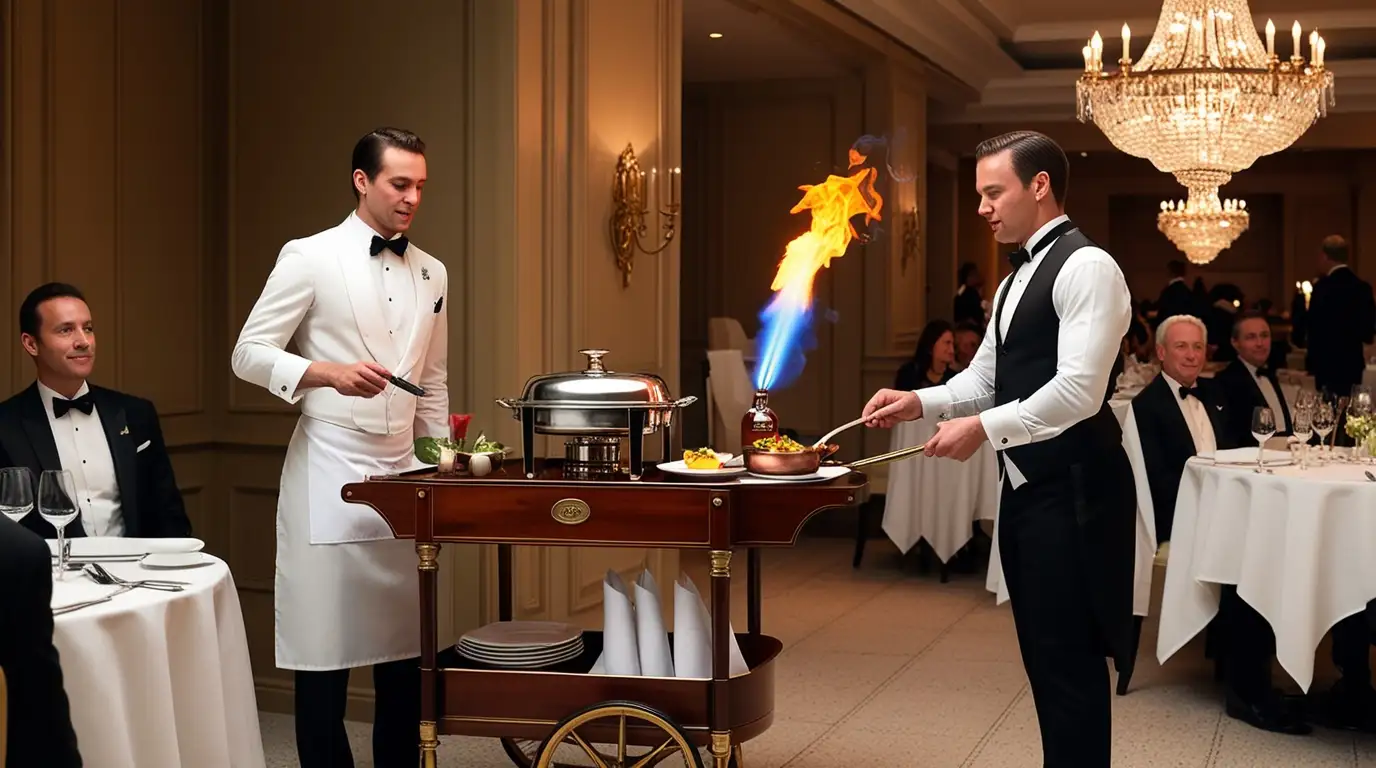 A fine dining waiter performing Gueridon Service with a mobile trolley beside a white-tableclothed table, flambéing a dish with dramatic flames. The elegant restaurant features crystal chandeliers and a luxurious ambiance."